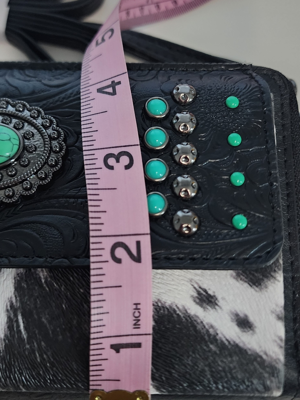 NWT Sam & Hadley Cowhide & Embossed Leather Crossbody w/ Turquoise Accents Black - Picture 10 of 15